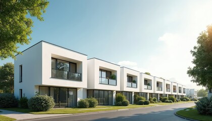 Modern suburban neighborhood with geometric family houses. Row of homes against blue sky. Contemporary architecture with clean lines, large windows, balconies, green lawns, landscaped gardens. Real
