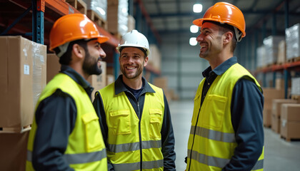 Warehouse workers in safety vests engaged in friendly conversation. Colleagues talking, smiling at distribution center, teamwork, camaraderie, cooperation. Industrial workplace interaction,