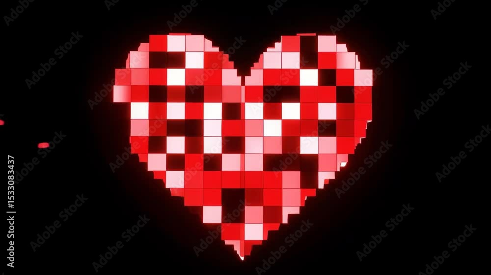 Poster animated pixelated heart glows red against a black background with floating pixels for digital love 