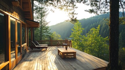 Serene wooden deck overlooking lush forest and tranquil mountains during golden hour at sunset in natural environment setting