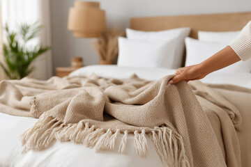 Cozy bedroom setup with a person arranging a beige blanket on a bed