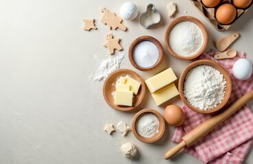 Ingredients for making homemade cookies. Flour sugar eggs butter cookie cutters rolling pin on light background top view. Baking scene with DIY homemade cookies. Dessert preparation.
