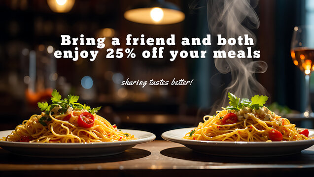 Enticing Pasta Promotion Featuring Two Plates of Steaming Spaghetti with Cherry Tomatoes and Herbs Offering a 25 Percent Discount for Friends Dining Together - Powered by Adobe