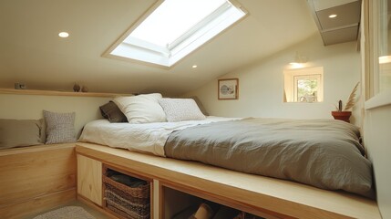 Cozy minimalist bedroom in a small attic space with natural light from skylight and warm, neutral colors