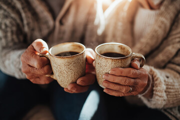 Cozy moment shared by an elderly couple with coffee cups in their hands