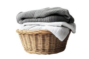 Obraz premium Folded Knitwear in Wicker Basket, Isolated on Transparent Background, Laundry, Winter Clothes, Cozy, Laundry, Winter, Cozy