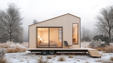 Modern Tiny House on Wheels Surrounded by Nature in Winter Landscape with Frosty Grass and Trees