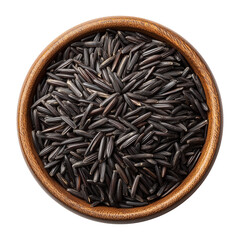  wild rice in wooden bowl isolated overhead