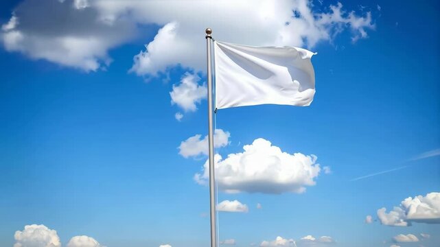 White blank flag fluttering on a metal pole against a clear blue sky with cumulus clouds on a bright sunny day, signaling surrender