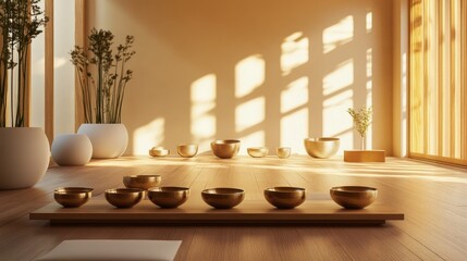 Serene Meditation Space with Sound Bowls and Natural Light Enhancing Tranquility and Calmness for Mindfulness Practices