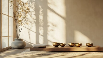 Serene Interior with Golden Bowls and Natural Light in Minimalist Setting