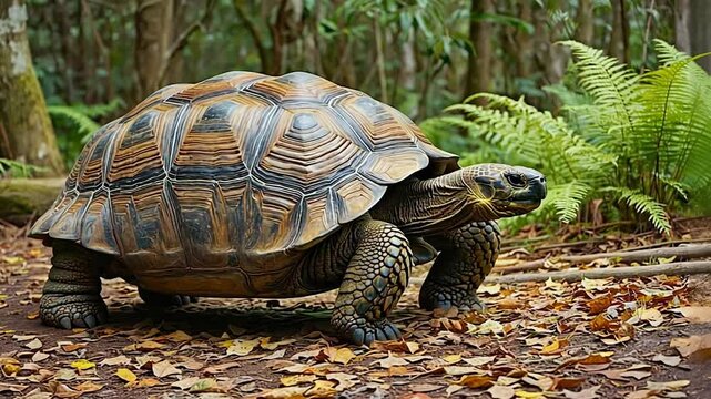 Large tortoise with patterned shell moving through leafy tropical forest