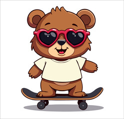 Vector fashion design for children t-shirt. 
Cute brown teddy bear on skateboard
in pink sunglasses isolated on transparent background.  Cartoon print for fabric, clothing for boy and girl. 