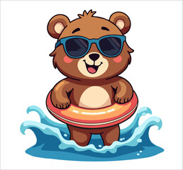 Vector design for children t-shirt. Cute teddy bear in sunglasses 
with inflatable ring swims on wave
isolated on transparent background. 
Cartoon print for fabric, clothing for boy and girl.