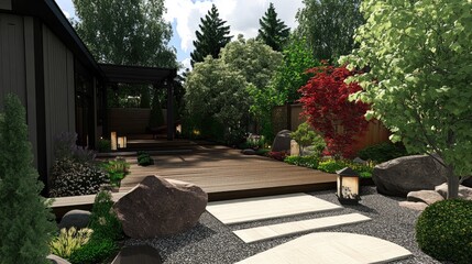 Serene Outdoor Garden Space with Wooden Deck, Lush Greenery, Decorative Stones and Beautiful Flowering Plants