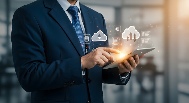 Businessman using a tablet with cloud computing and digital information icons displayed