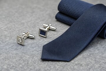 Elegant mens navy blue tie cufflinks pocket square set