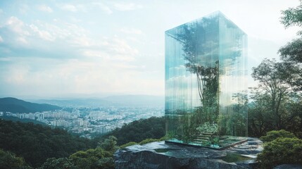 Glass cube structure with a tree inside overlooking a scenic urban landscape and rolling hills in the background