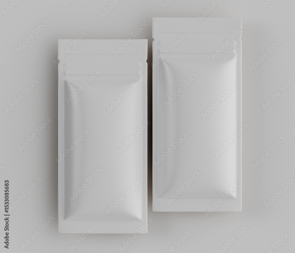 Aufkleber two blank white rectangular pouches mockup on light gray background showing empty packaging design f