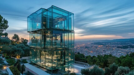 Modern Glass Architectural Structure Overlooking Cityscape at Dusk with Stunning Sky and Scenic Landscape View