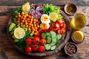 A vibrant platter features fresh vegetables including tomatoes, cucumbers, avocados, and herbs. Boiled eggs and chickpeas add protein, while olive oil and spices enhance the flavors