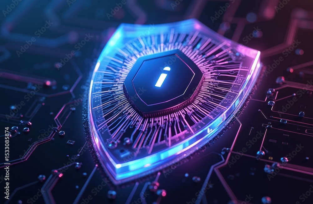 Poster Digital illustration cyber security shield with microchip like structure. Protection network, data defense. Modern, futuristic, innovative design, glowing, tech, advanced, digital. Shield icon.