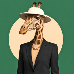 Colorful Modern Collage Art, Businesswoman with Giraffe Head, Gold Necklace & White Hat on Beige Circle, Green Background, Surreal Corporate Art, Whimsical Office Decor, Creative