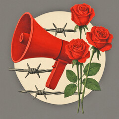 Revolution Still Life Art, Colorful Modern Collage with Red Megaphone, Barbed Wire, Roses, Protest, Activism, Social Change, Vintage Aesthetic