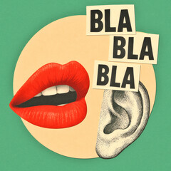 Colorful Modern Gossip Art Collage, Red Lips, Ear Cut-Out, BLA BLA BLA Text, Beige Circle on Green Background, Trendy Pop Art, Social Media Concept
