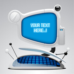 White funny futuristic computer with touch keyboard with blue backlight and oval shaped display. Vector realistic illustration in 3d style