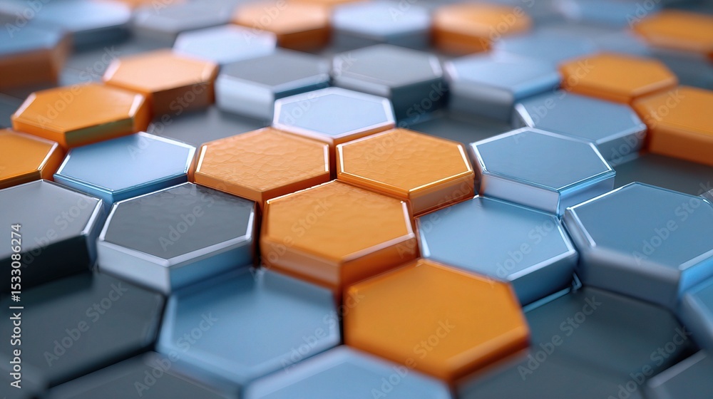 Poster abstract 3d hexagonal tiles in blue and orange alternating pattern