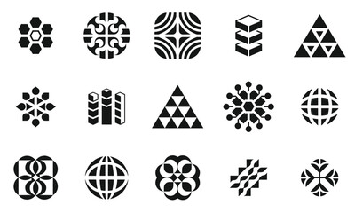 A collection of unique geometric patterns in black and white, showcasing diverse shapes such as hexagons, triangles, and intricate designs, perfect for modern design projects.