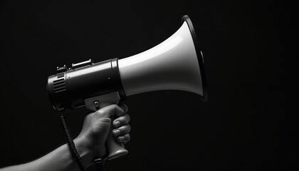 Black and white photo of hand holding megaphone. Person speaks public, voice amplification. Protest, announcement, communication. Isolated on black background for advertisement, promo campaigns.