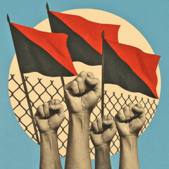 Revolutionary Collage Art, Raised Fists, Protest Flags & Magazine Cut-Outs on Woven Wire Fence, Bold Activism Background