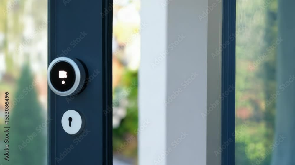 Poster a close-up shot of a door handle on a glass door, ideal for use in interior design or architectural 