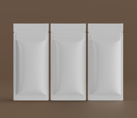 Blank white rectangular pouches mockup display against brown background for product design templates