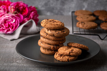A plate of homemade chocolate chip cookies