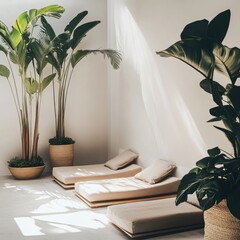 Tranquil indoor space with green plants and minimalist design, ideal for relaxation and wellness ambiance