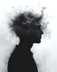 A Head Silhouette Filled with Swirling Fog or Blurry Scribbles, Surrounded by Faint Clouds or Static Lines, Suitable for Mental Fatigue or Confusion Topics