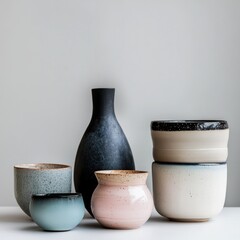 Elegant Collection of Modern Ceramic Pots in Various Shapes and Colors on Minimalist Background