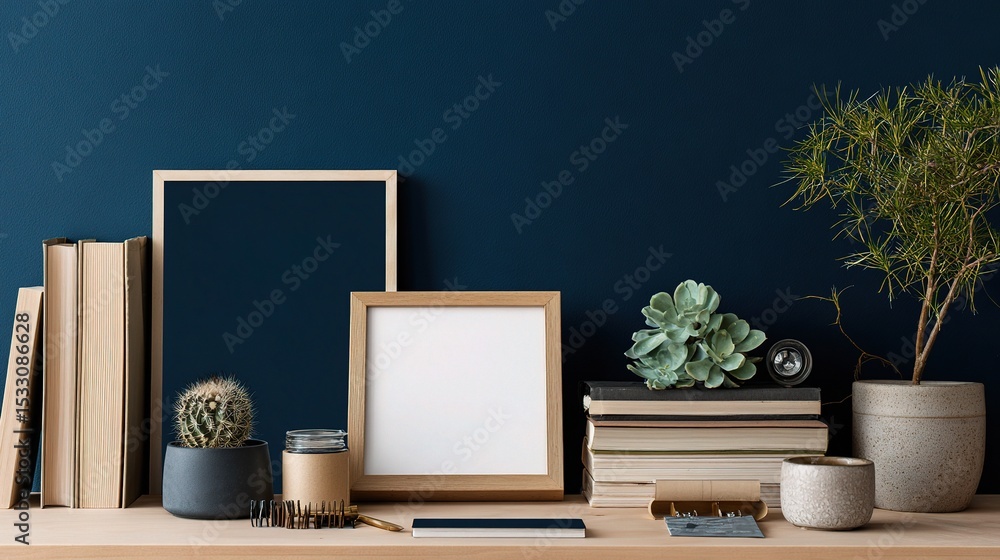 Poster creative desk setup with blank frame and minimalist decor elements