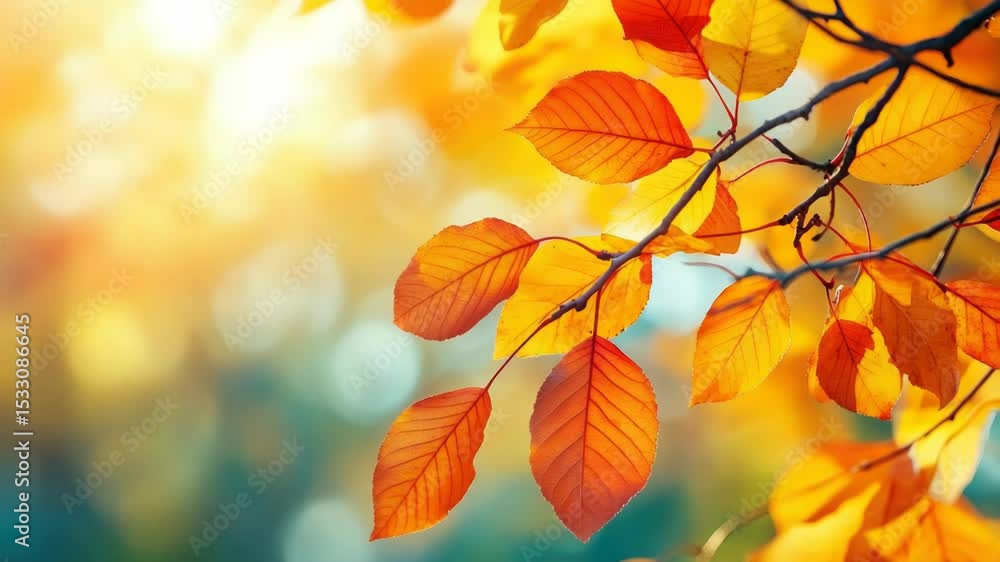 Poster Close-up view of a tree branch featuring vibrant orange leaves, ideal for use in designs related to nature and fall themes