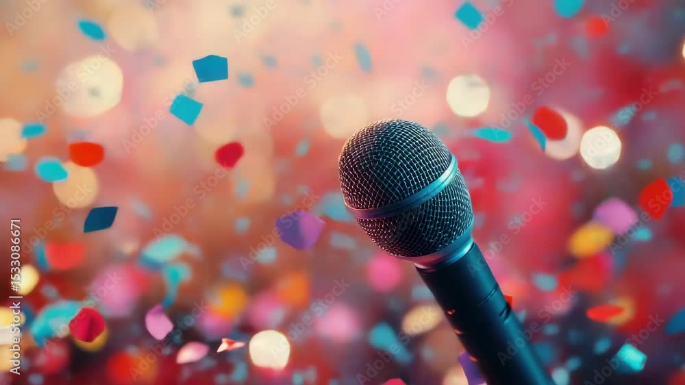Poster a microphone on a stage surrounded by colorful confetti