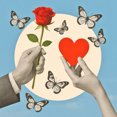 Modern Love & Flowers Collage Art, Romantic Hand Holding Heart & Flower, Colorful Butterflies, Beige Circle on Blue Sky, Perfect for Valentine's, Wedding, Spring, Boho Decor