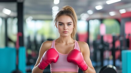 Young caucasian female boxer in gym wearing pink gloves and sportswear