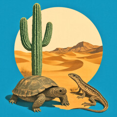 Modern Desert Collage Art – Colorful Magazine-Style Cut-Outs of Cactus, Tortoise, Lizard & Landscape on Beige Circle, Blue Sky Background – Vibrant