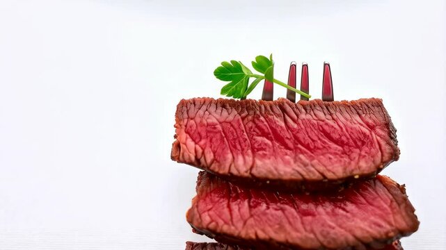 Medium rare grilled meat steak slices stacked on fork with parsley garnish against bright background for food service ads.