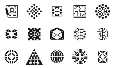 A collection of abstract black icons representing technology, connectivity, and design patterns, showcasing geometric shapes and interconnected designs.