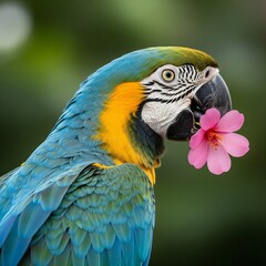 Obraz premium High-quality close-up of a colorful bird with a flower in its beak