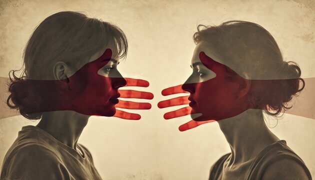 Illustration international awareness of domestic violence. Silhouettes of faces, red hand represents aggression, victim, abuse. October awareness month for victims, survivors. Stop domestic violence